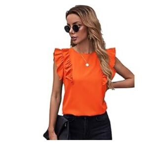 Elegant Orange Ruffle trim butterfly Sleeve Blouse